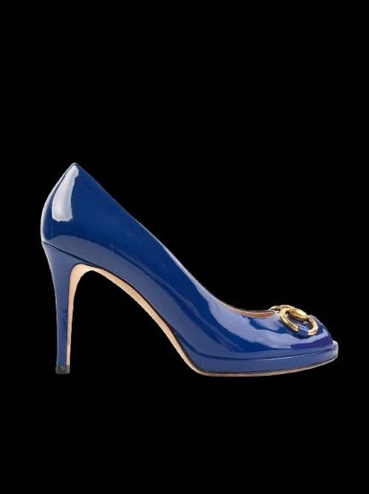 Excellent Gucci Blue Leather High-Heeled Peep-Toe Shoes Size 38