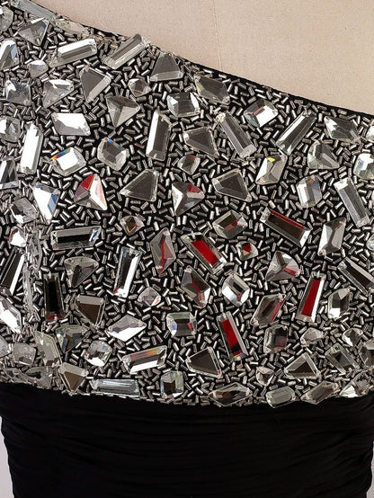 Perfect Sherri Hill Black One-Shoulder Evening Gown with Silver Embellishments