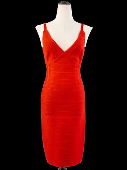 Excellent Herve Leger Red Bodycon Dress Size S Thin Strap V-Neck