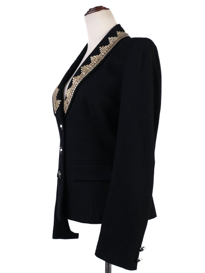 Excellent Class Roberto Cavalli Black Wool Skirt Suit with Beaded Collar