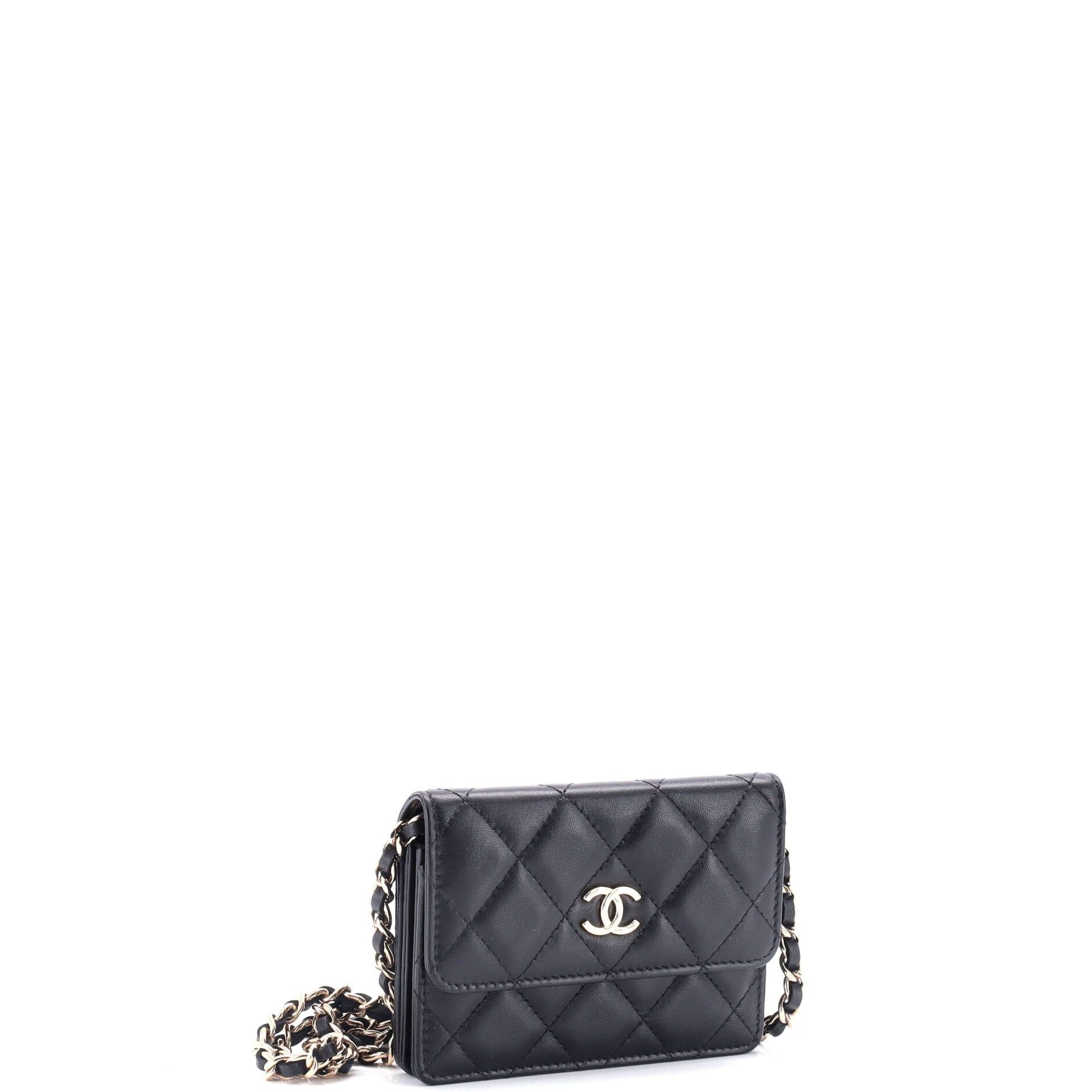 Chanel Camellia Bow Flap Card Holder With Chain Quilted Lambskin
