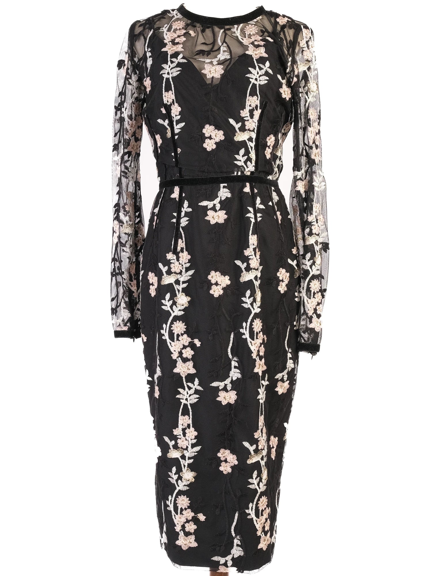 Excellent Bronx&amp;Banco Black Floral Dress with Sheer Sleeves, Size M
