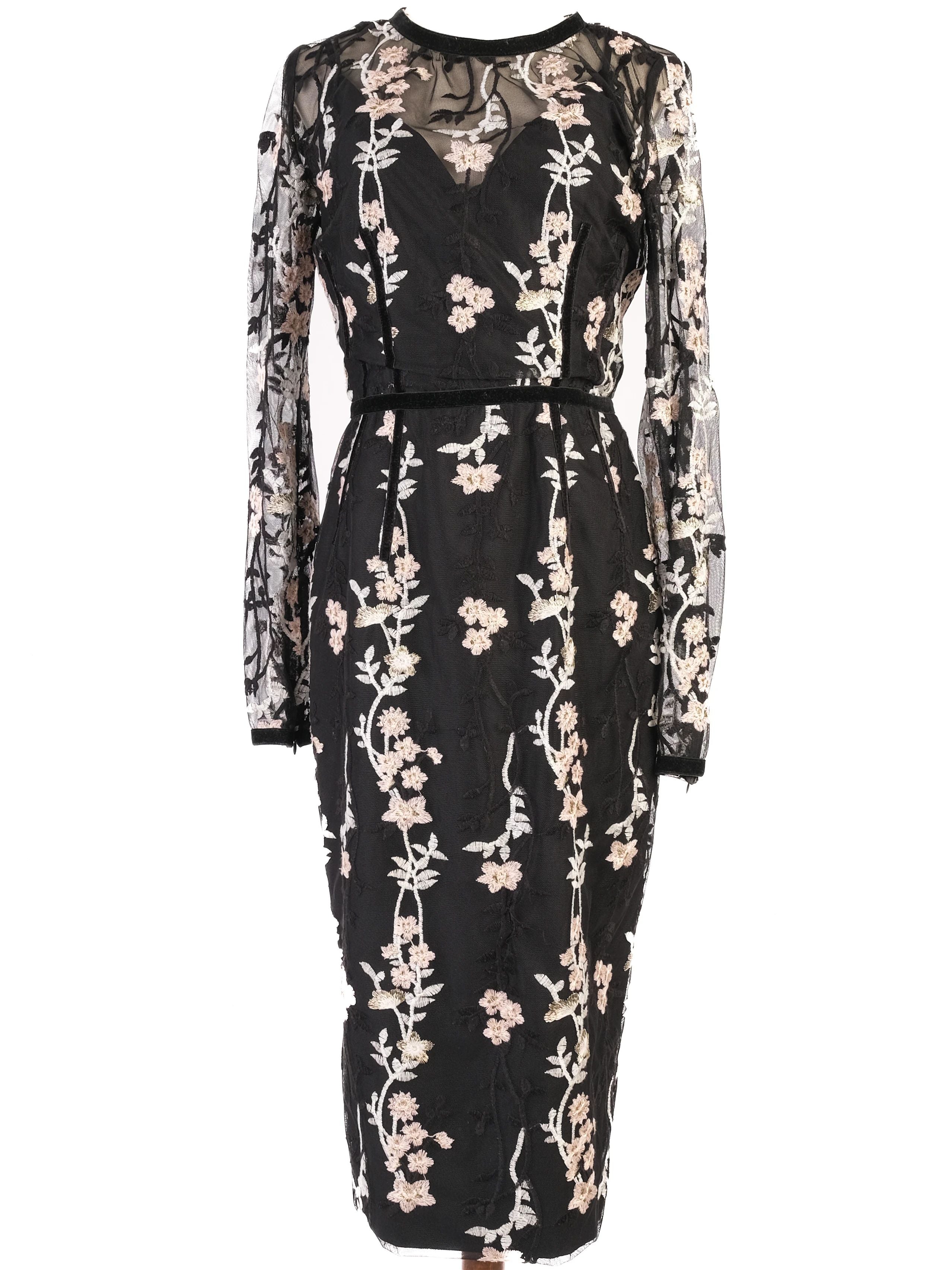 Excellent Bronx&amp;Banco Black Floral Dress with Sheer Sleeves, Size M