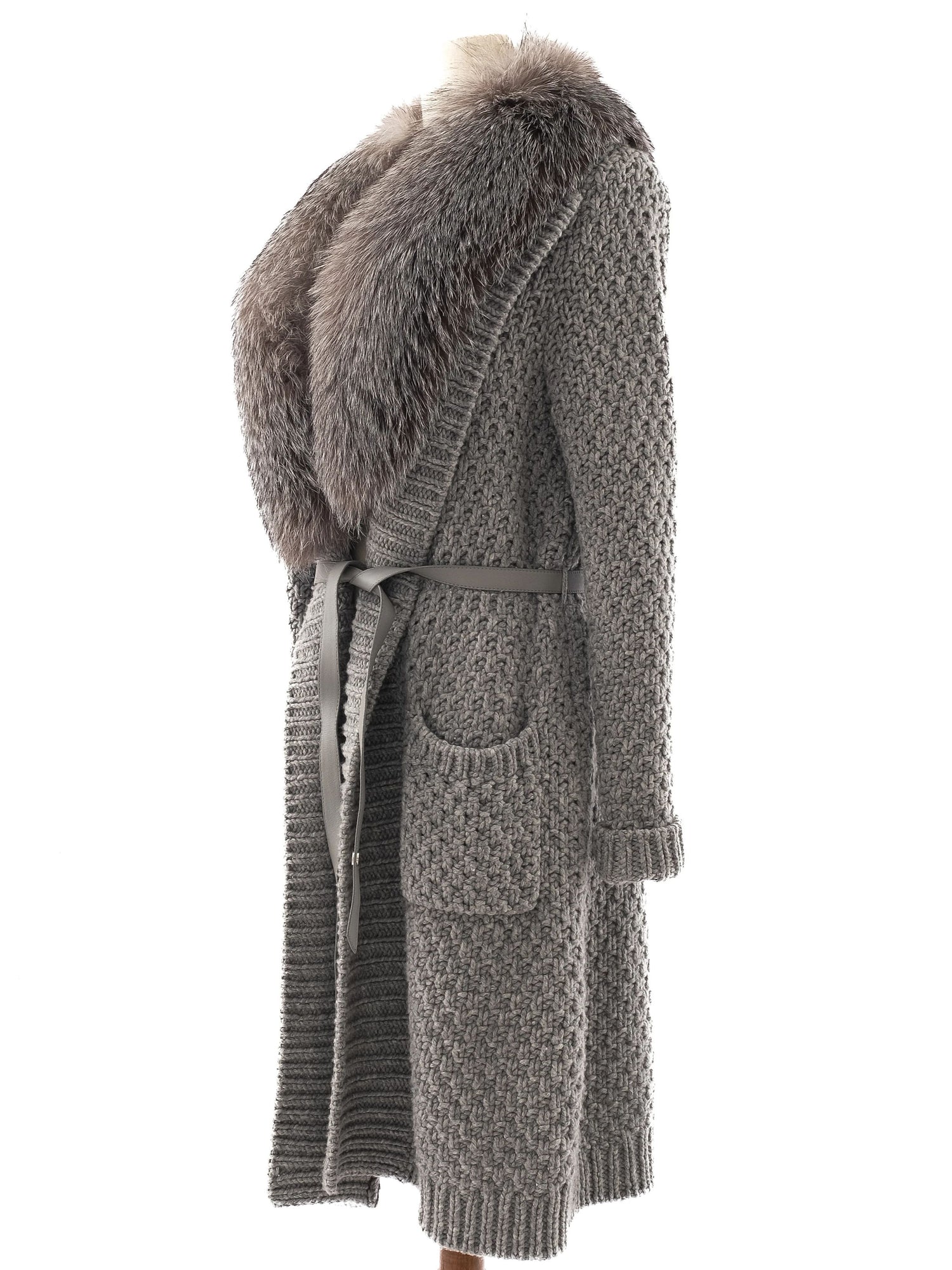 Loro Piana Gray Leather Knit Coat with Faux Fur Collar Size M