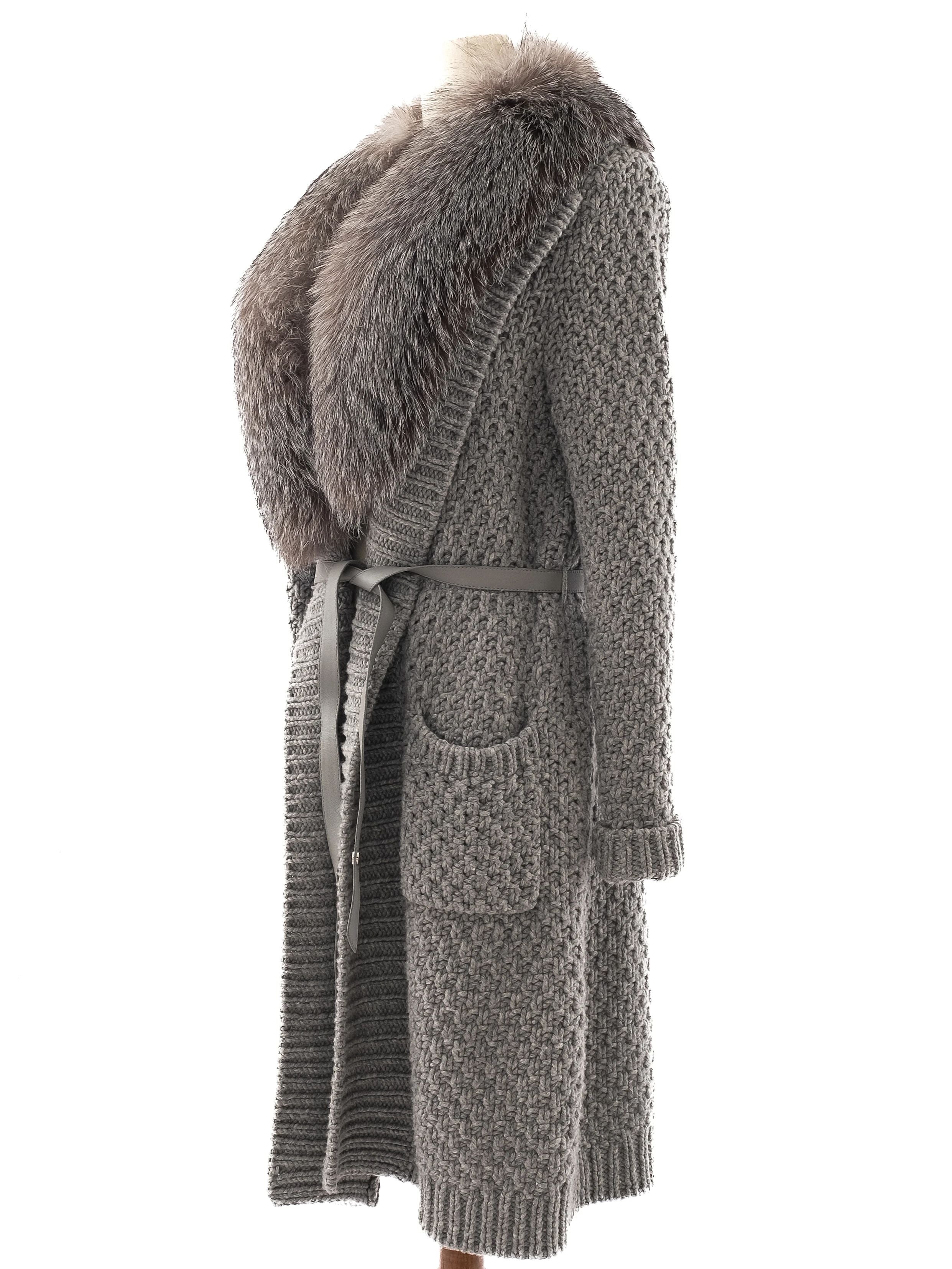 Loro Piana Gray Leather Knit Coat with Faux Fur Collar Size M