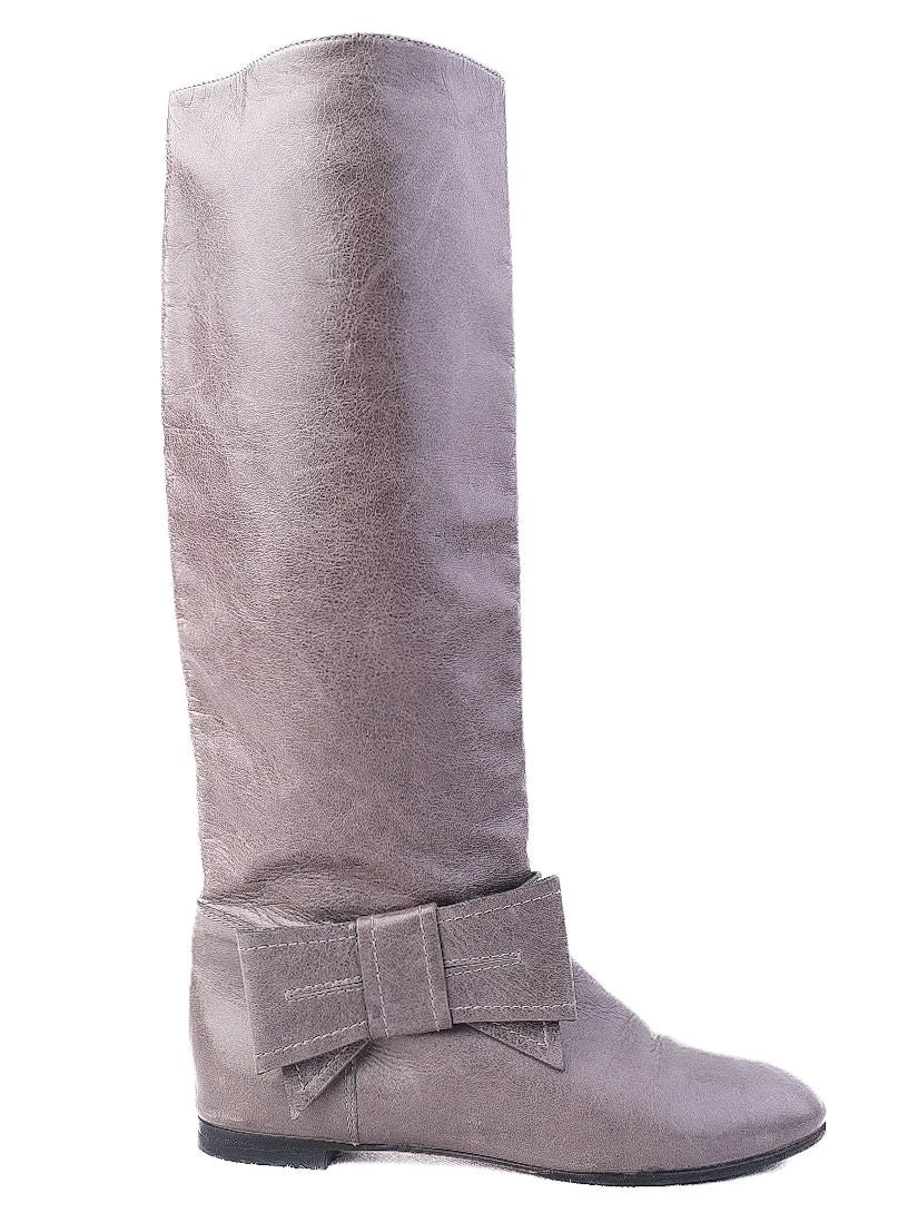 Red Valentino Gray Leather Knee-High Boots with Bow Detail Size 38