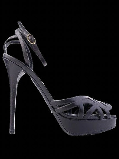 Excellent Ralph Lauren Black Leather High-Heeled Platform Sandals 38.5