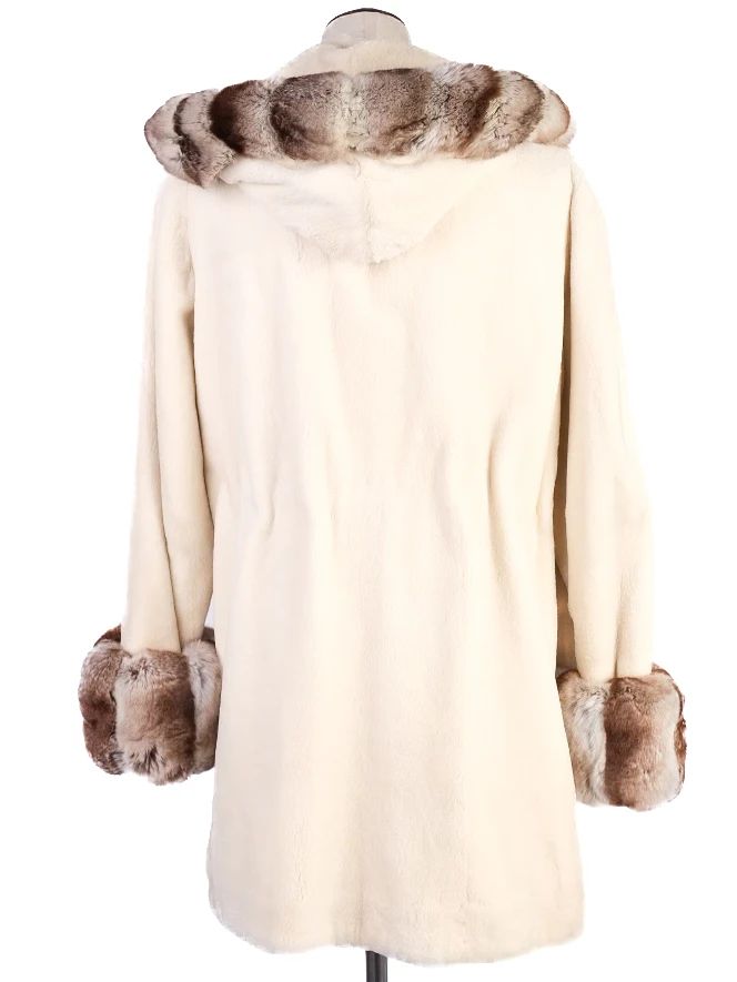 Excellent Yves Salamon White Fur Coat with Brown Trim Size M
