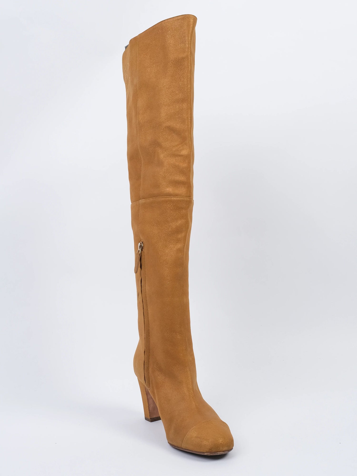 Excellent Chanel Orange Leather Knee-High Boots with Block Heel