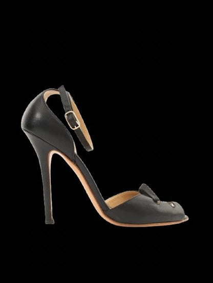 Excellent Vicini Black Leather High-Heeled Shoes Size 37.5 with Bow