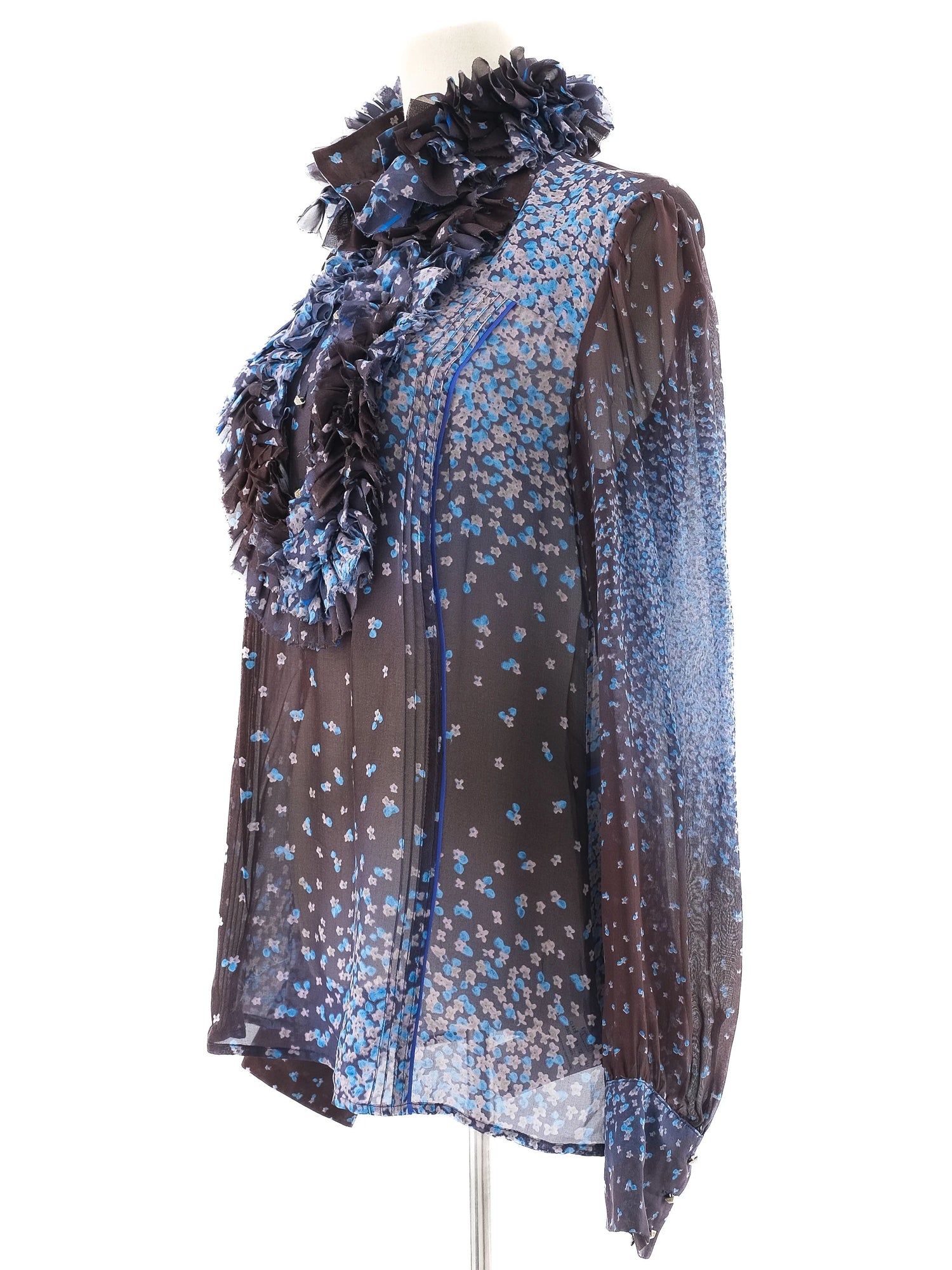 Class Roberto Cavalli Sheer Floral Blouse Blue Silk Size L Excellent