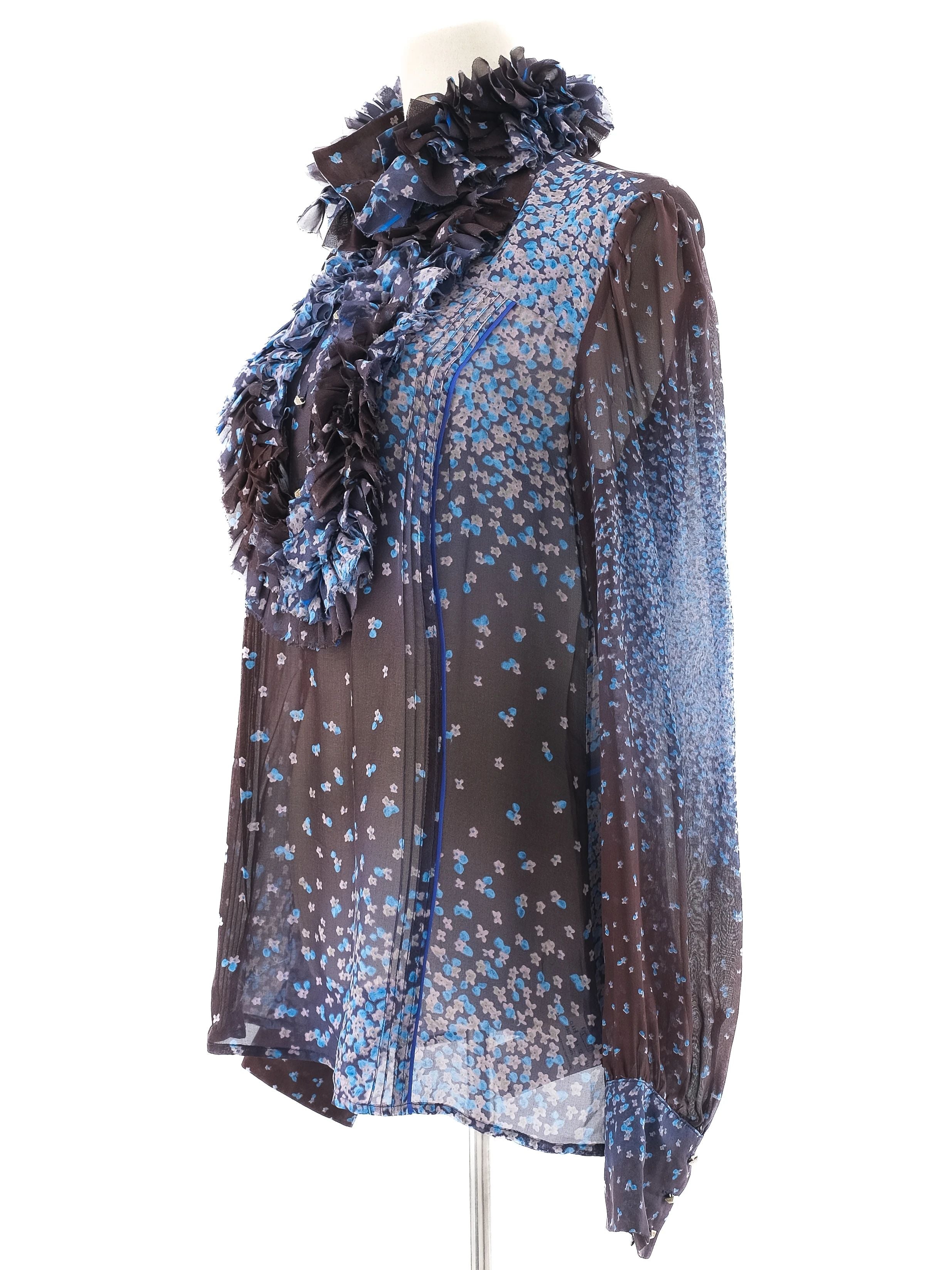 Class Roberto Cavalli Sheer Floral Blouse Blue Silk Size L Excellent