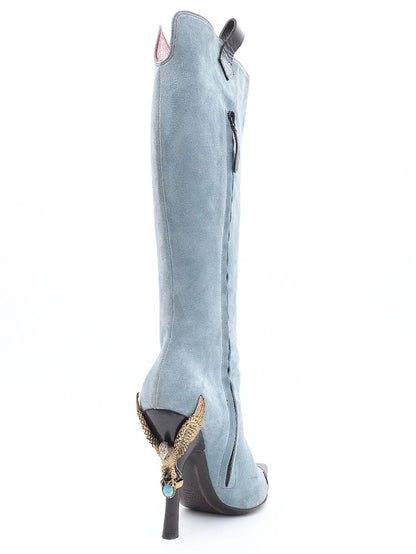 Excellent Vicini Blue Leather High-Heeled Boots with Eagle Design, Size 38