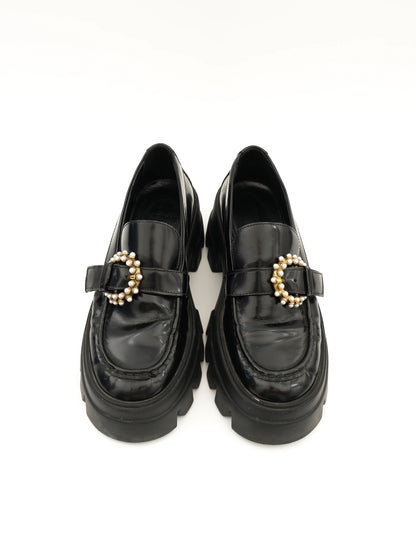 Average Uterque Black Leather Platform Loafers with Buckle Size 39
