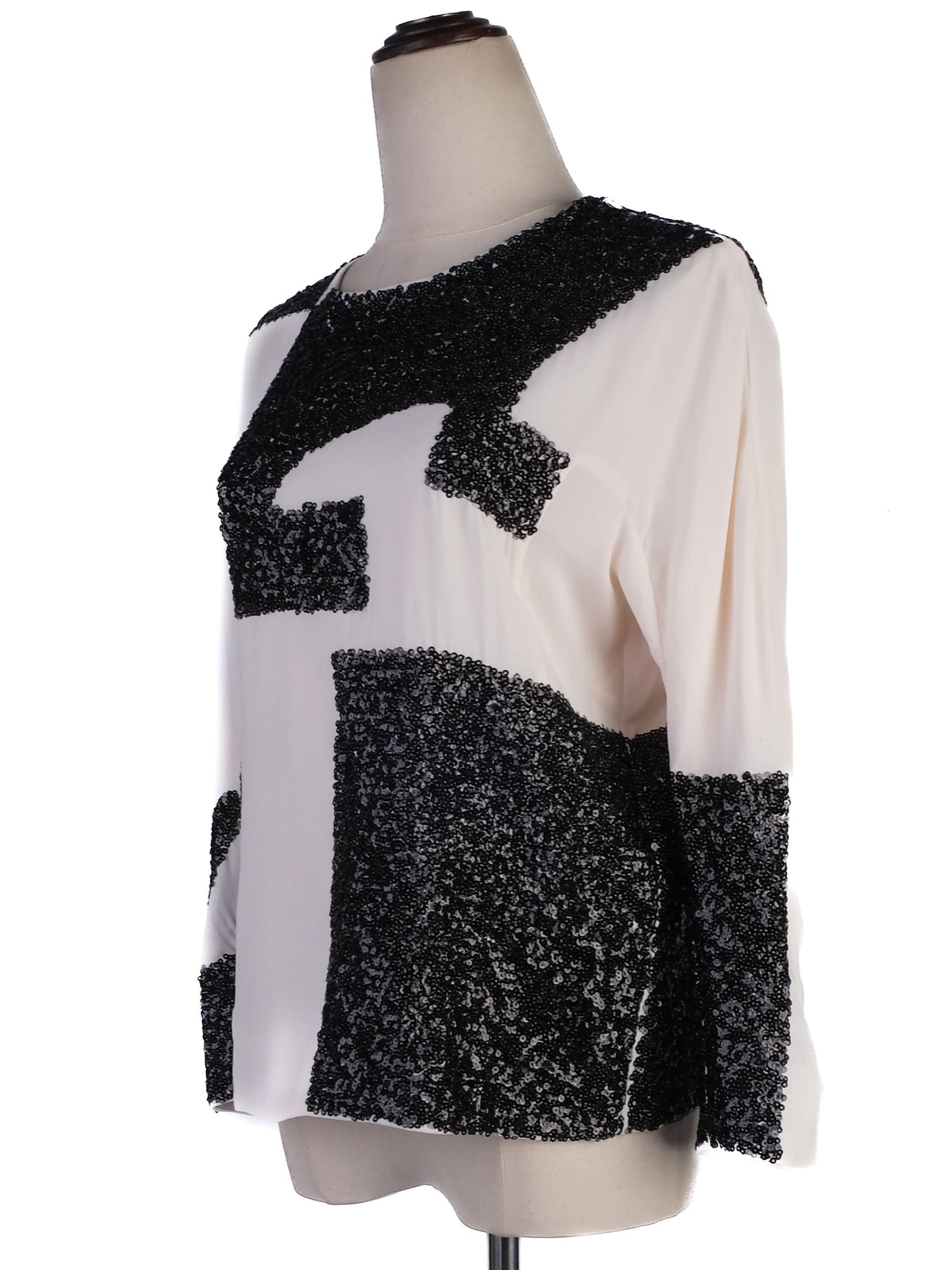 NEW By Malene Birger White Blouse XS Geometric Black Sequin Details