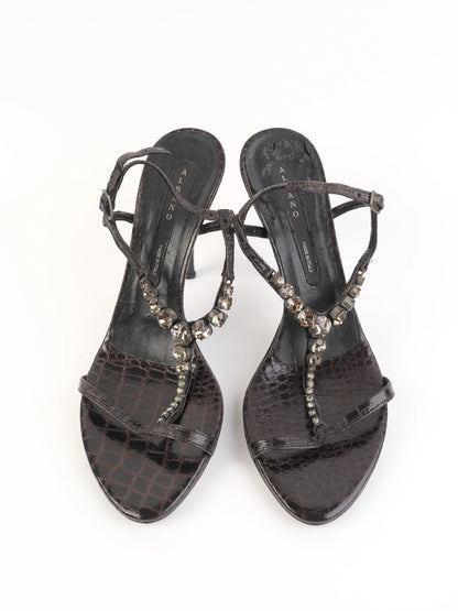 Good Albano Black Leather High-Heeled Sandals Size 38