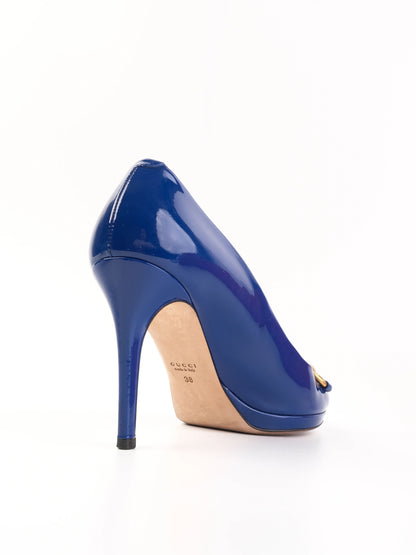 Excellent Gucci Blue Leather High-Heeled Peep-Toe Shoes Size 38