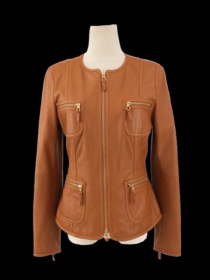 Excellent Luisa Spagnoli Orange Leather Jacket Women Size M