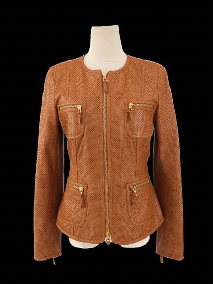 Excellent Luisa Spagnoli Orange Leather Jacket Women Size M