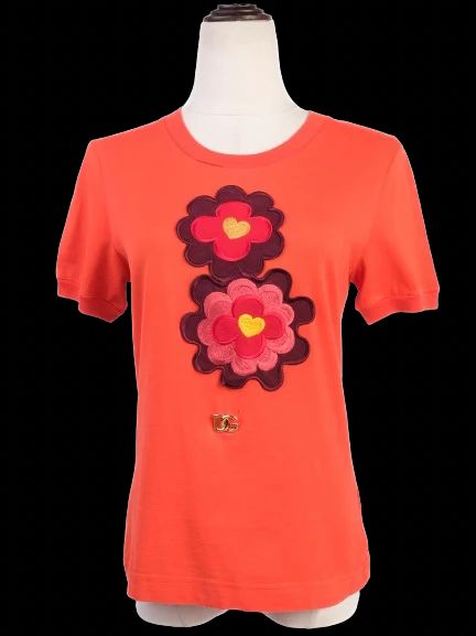 Excellent Dolce Gabbana Orange Floral AppliquŽ T-Shirt Size M