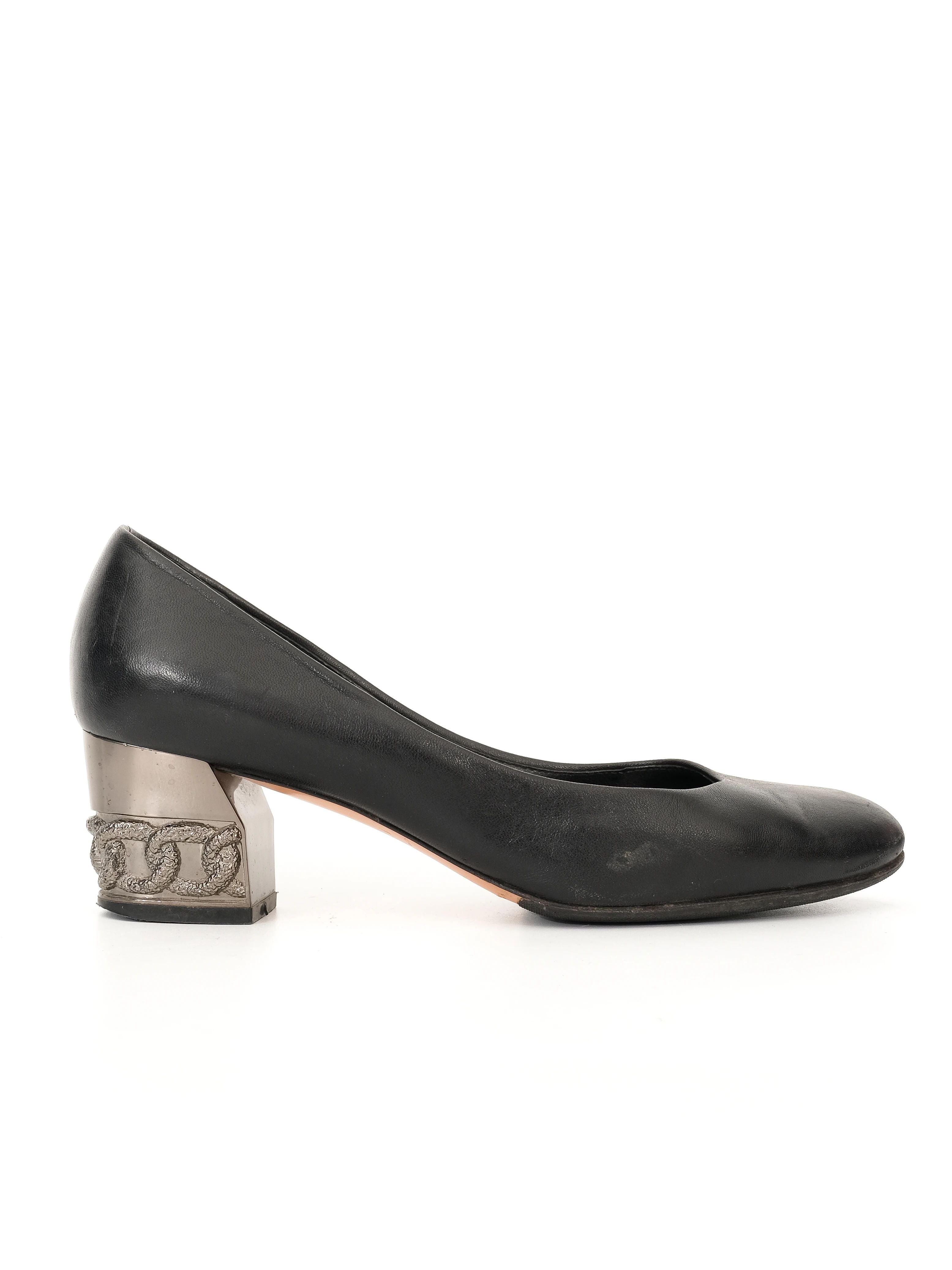 Excellent Casadei Black Leather Heels with Metallic Block Heel Size 36.5