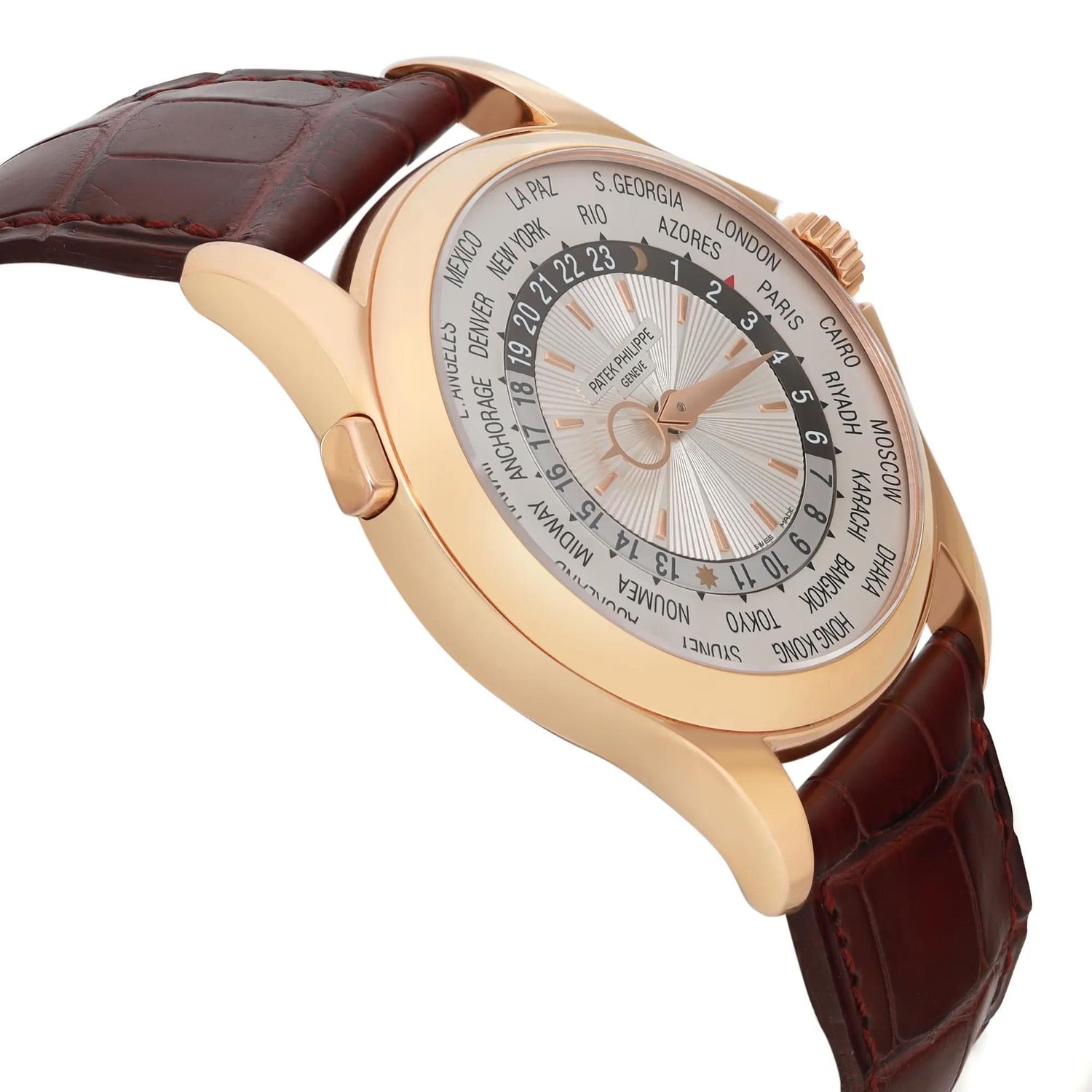 Patek Philippe World Time 18k Rose Gold Silver Dial Men Watch 5130R-001