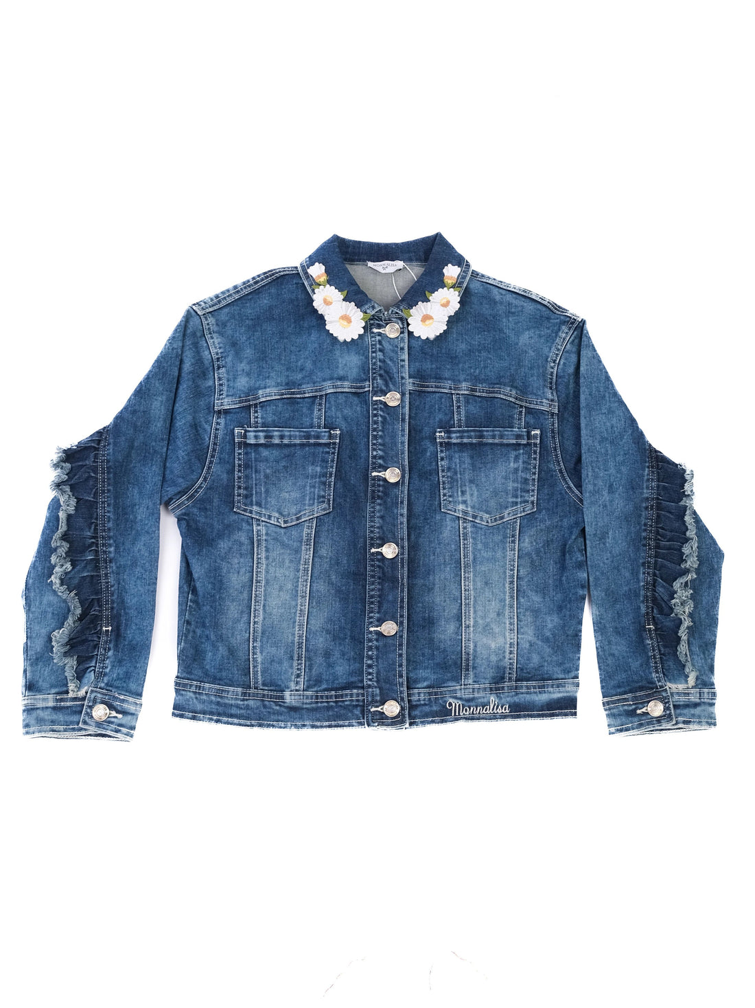 Excellent Monnalisa Blue Denim Jacket with Floral Embroidery Size 11