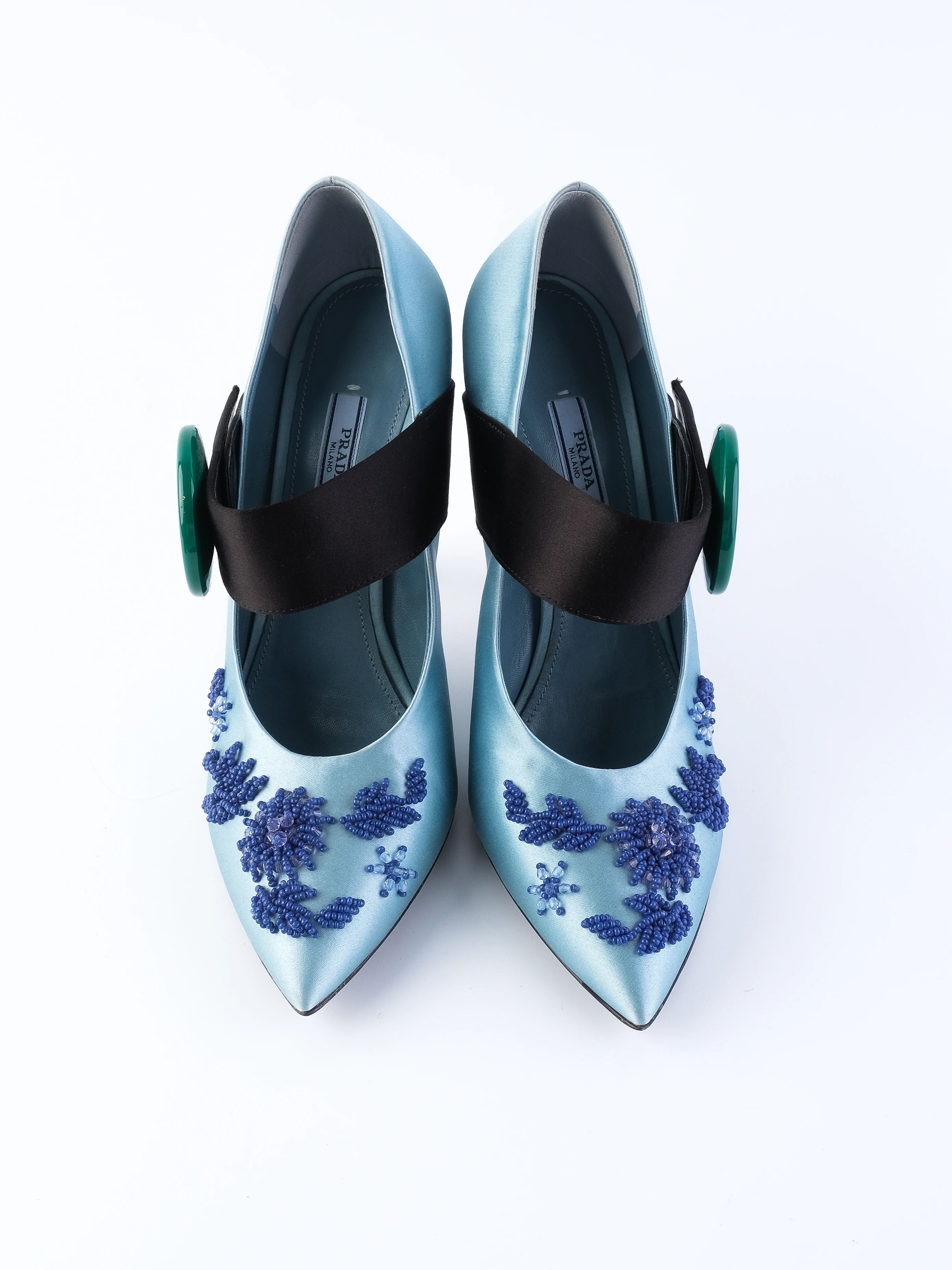 Excellent Prada Blue Satin High-Heeled Shoes with Beaded Embellishments