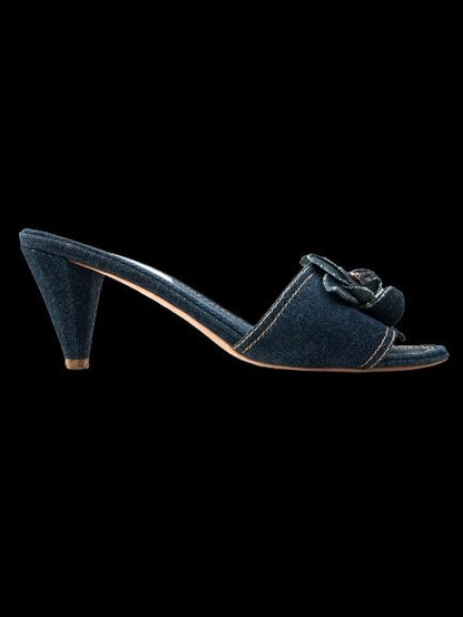 Excellent Chanel Denim High-Heeled Mules Blue Flower Embellishment
