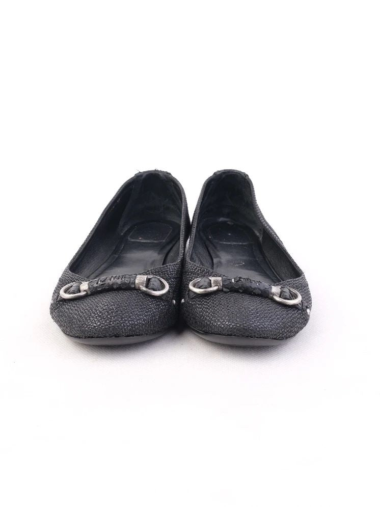 Excellent Dior Black Leather Ballet Flats with Metallic Detail