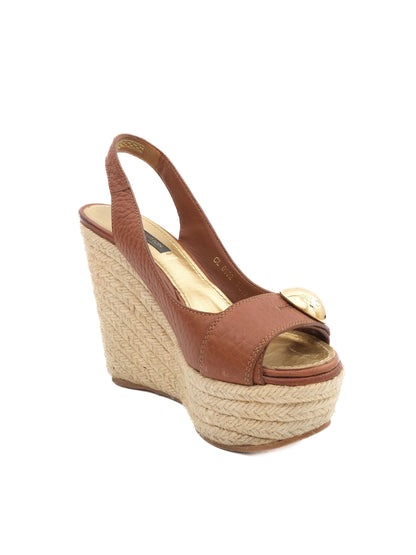 Excellent Louis Vuitton Orange Leather Wedge Sandals Size 36.5