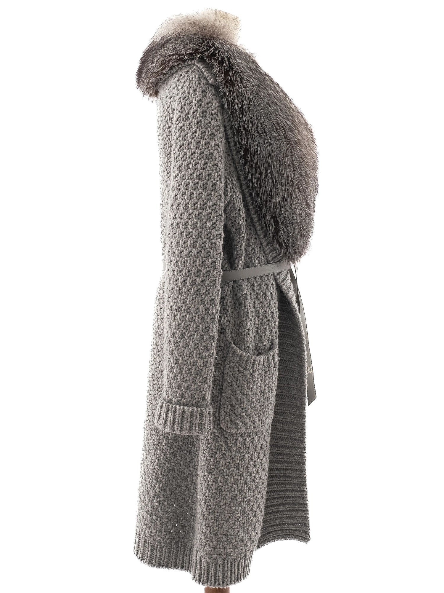 Loro Piana Gray Leather Knit Coat with Faux Fur Collar Size M