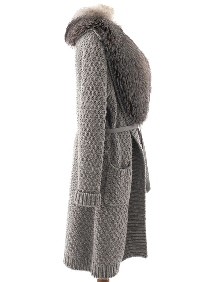 Loro Piana Gray Leather Knit Coat with Faux Fur Collar Size M