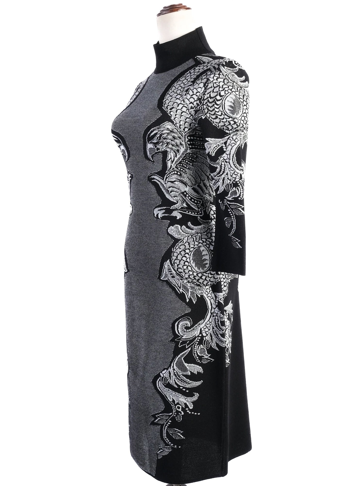 Excellent Roberto Cavalli Black Knit Dress M with Intricate White Patterns