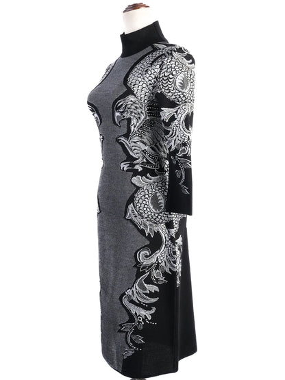 Excellent Roberto Cavalli Black Knit Dress M with Intricate White Patterns