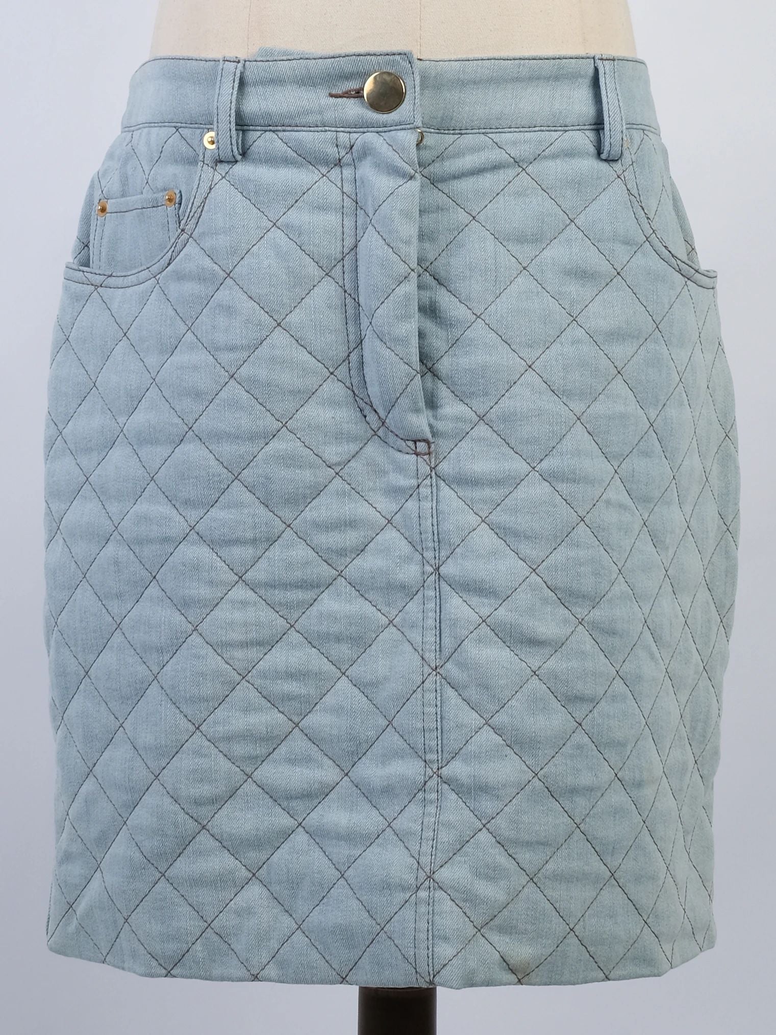 Excellent Moschino Blue Quilted Denim Jacket &amp; Skirt Set