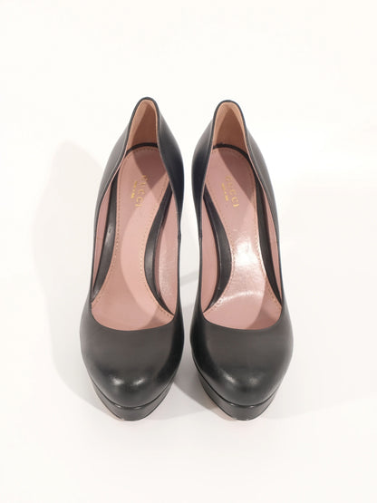 Perfect Gucci Black Leather High-Heeled Platform Shoes Size 38.5