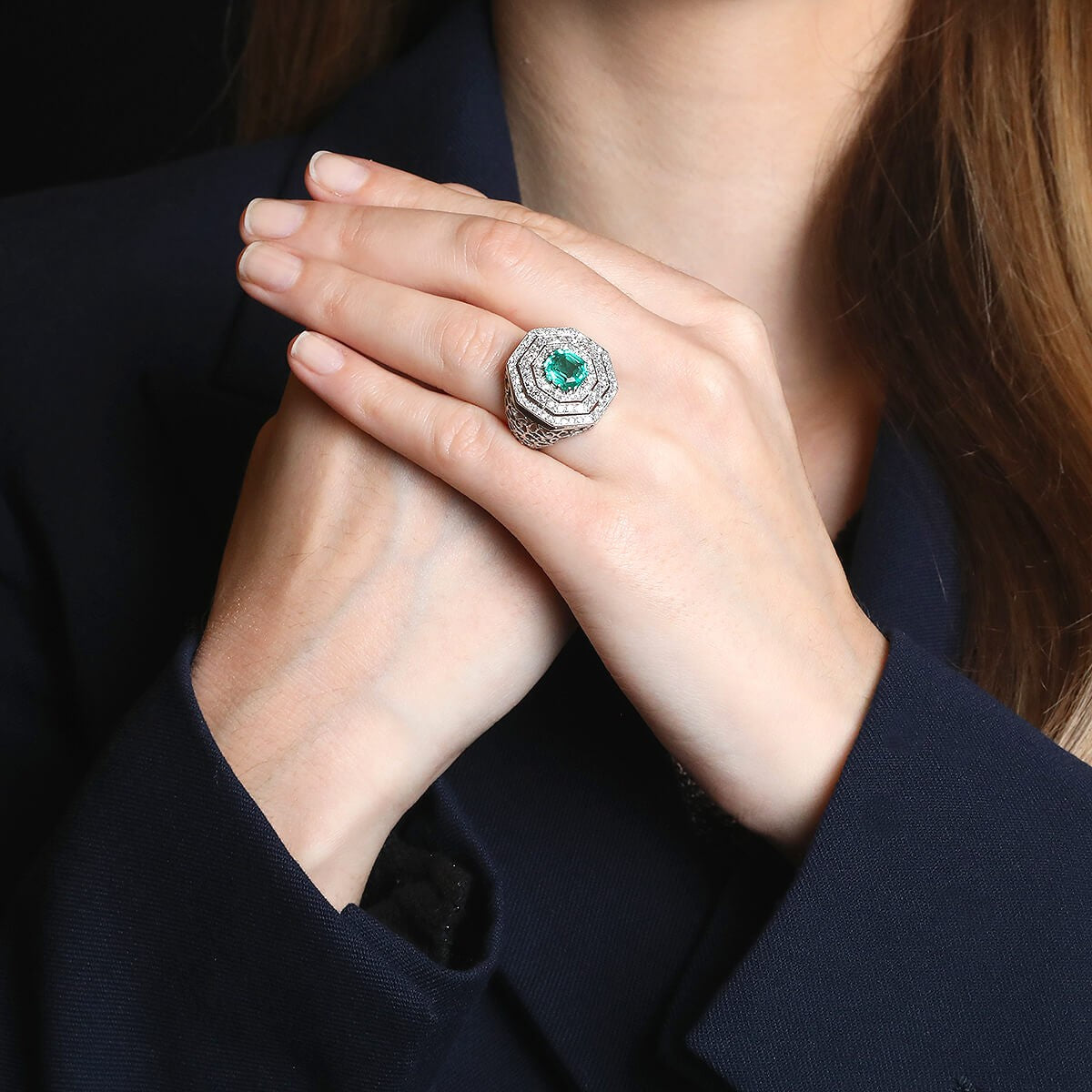 Diamonds, emerald and platinum ring