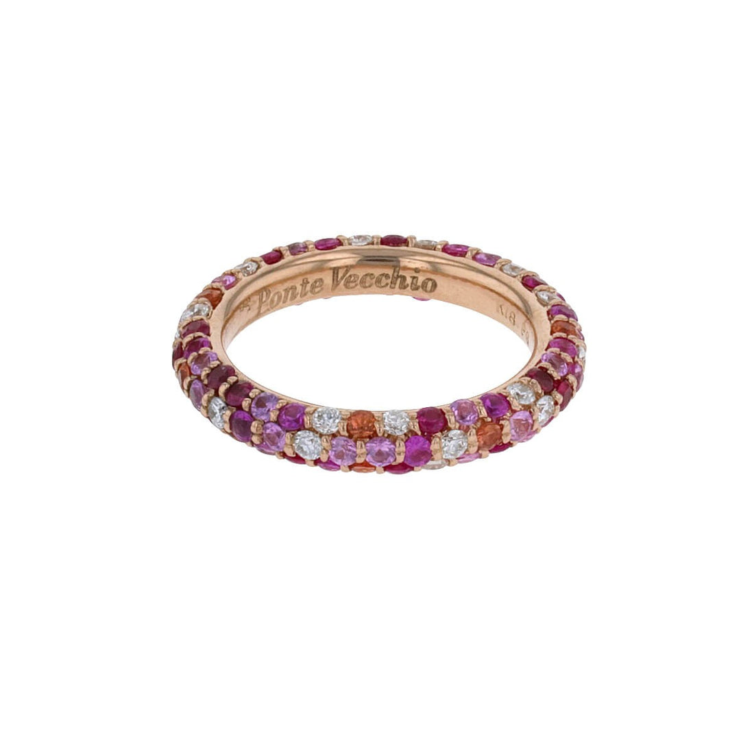 Diamonds, pink and orange sapphires, rubies and gold ring