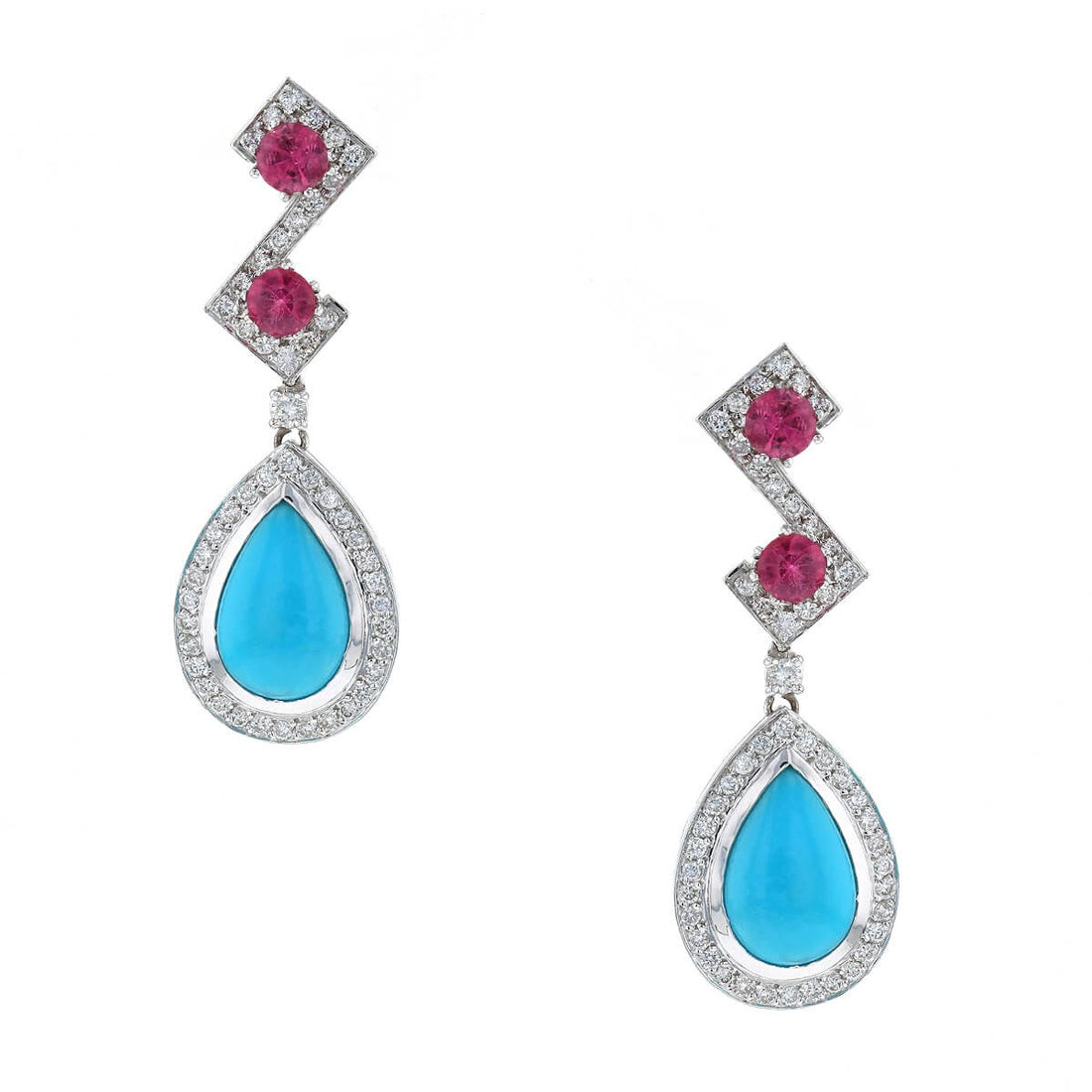 Diamonds, pink sapphires, turquoises and gold earrings