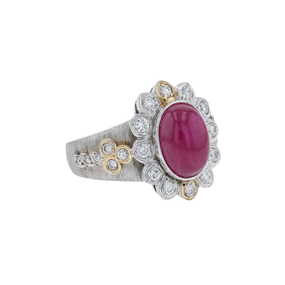 Diamonds, ruby, gold and platinum ring