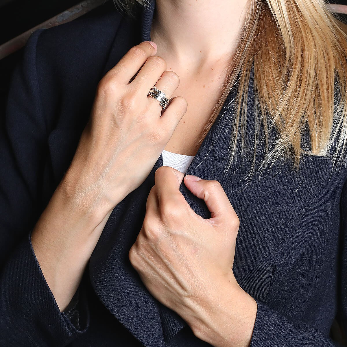 Dinh Van Spirale Duo black diamonds, silver and gold ring