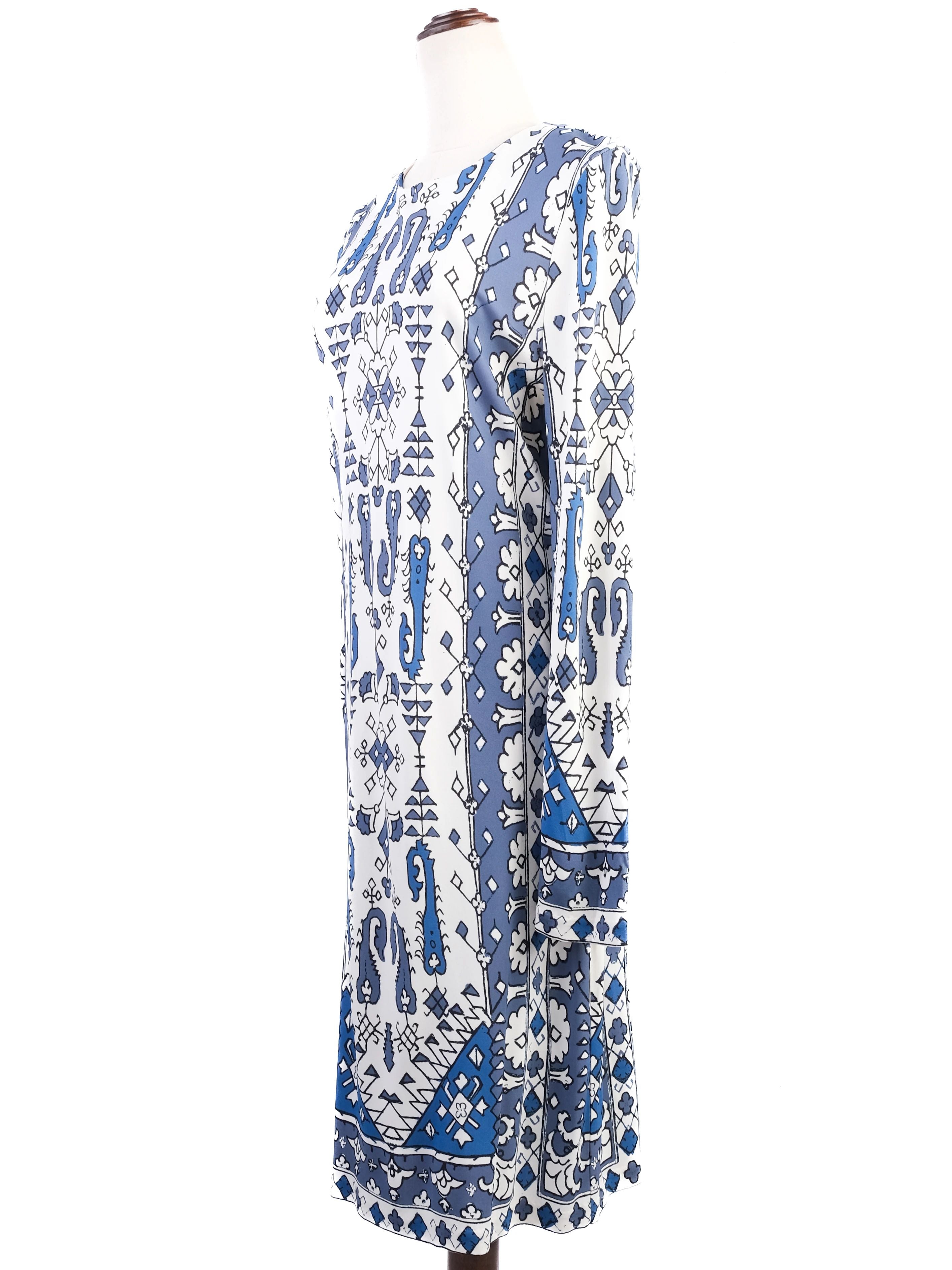 Excellent Tory Burch Blue &amp; White Geometric Dress Size L