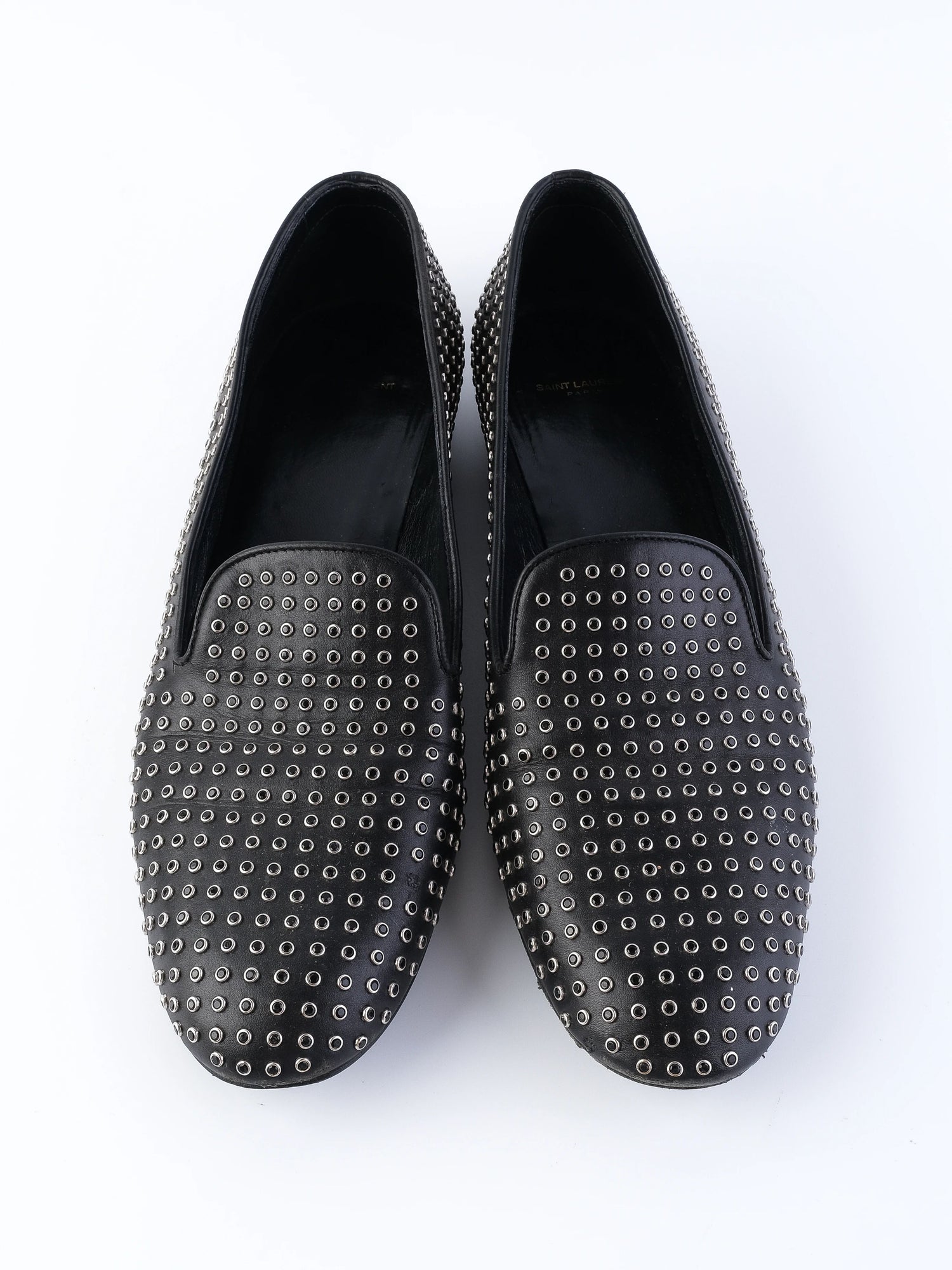 Yves Saint Laurent Black Leather Loafers Size 39.5 with Metallic Studs