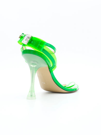 Excellent Green Leather High-Heeled Sandals Size 39 with Bows