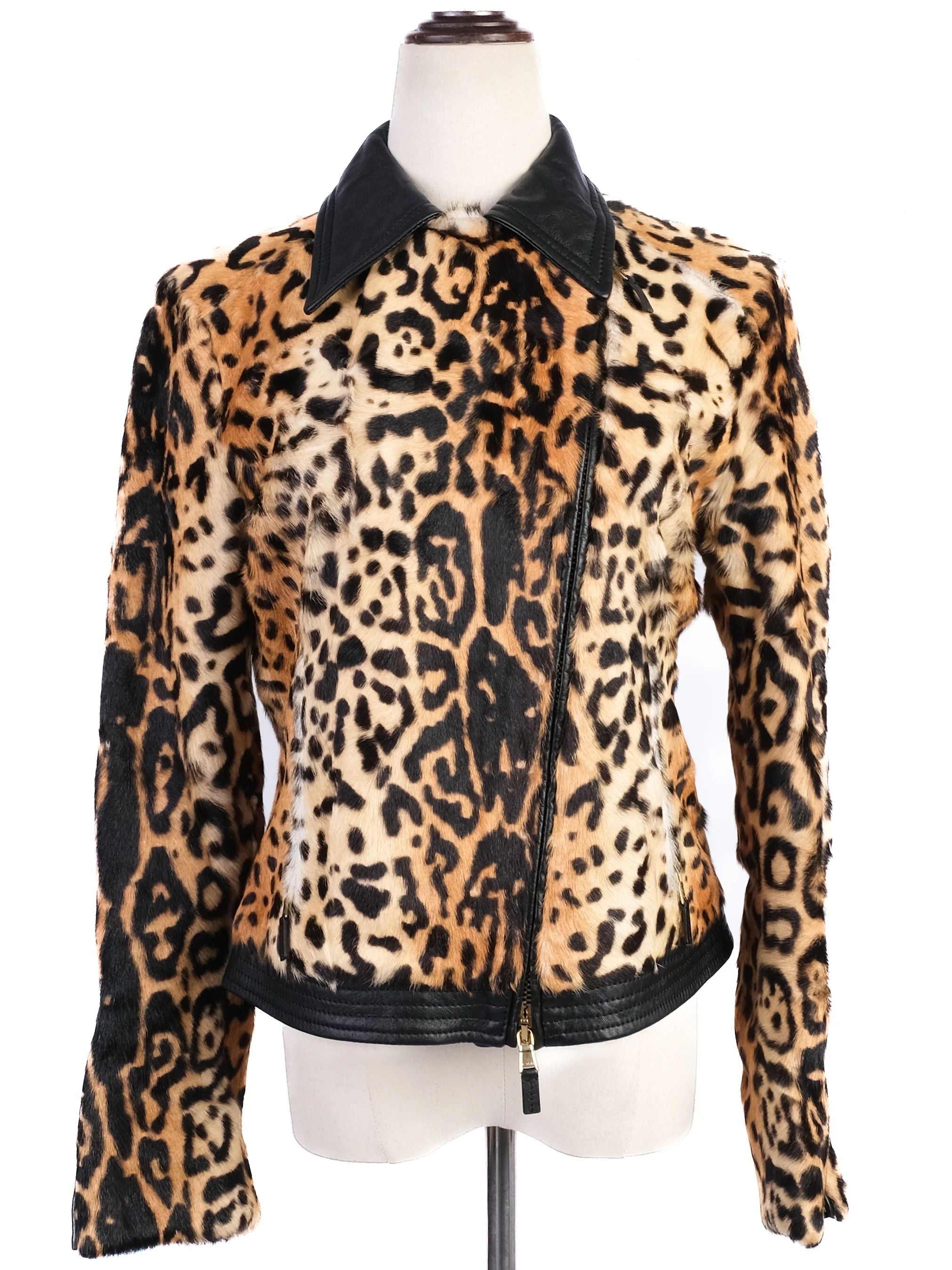 Excellent Etro Leopard Print Leather Jacket with Black Accents Size M