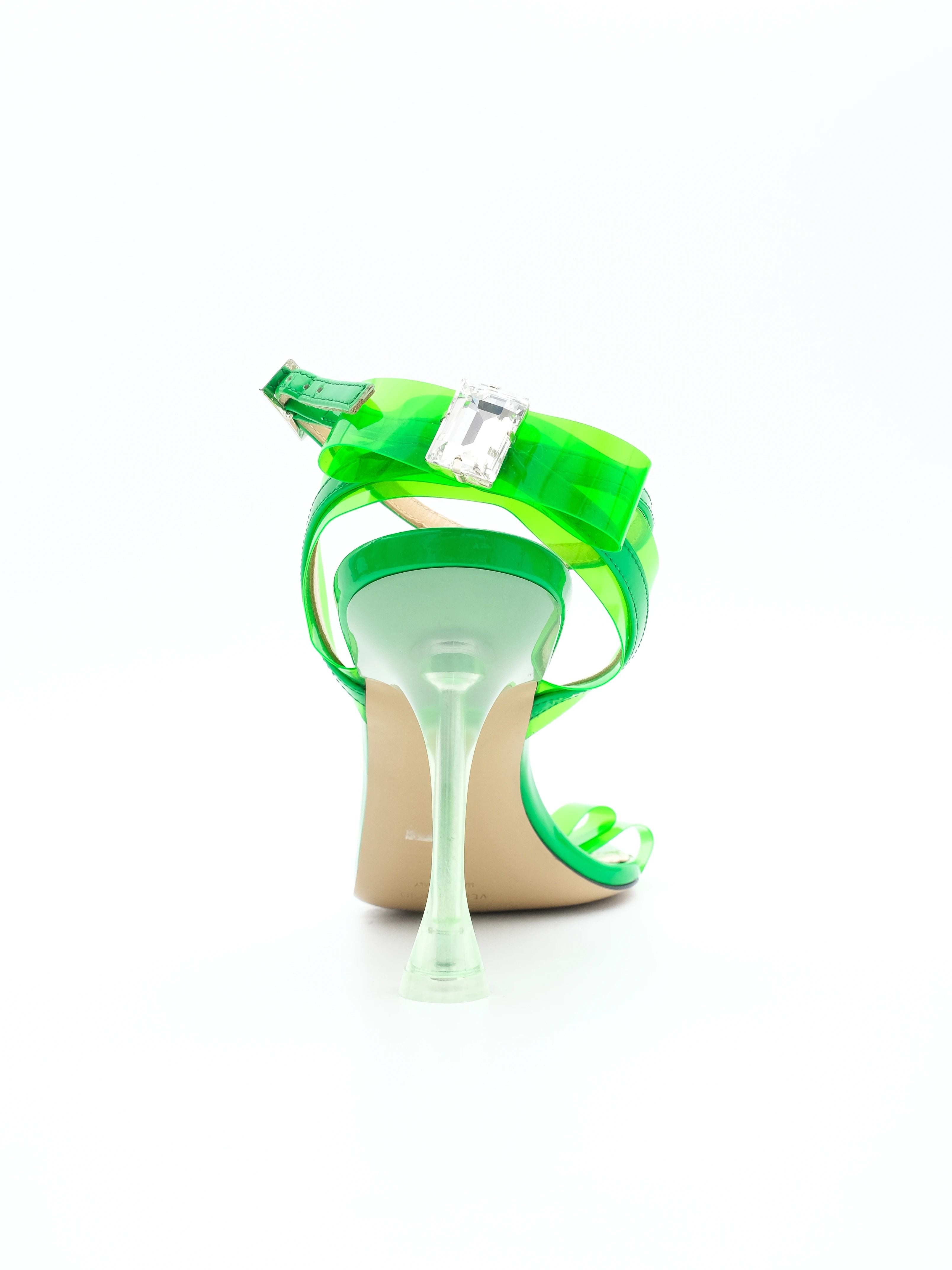 Excellent Green Leather High-Heeled Sandals Size 39 with Bows