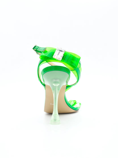 Excellent Green Leather High-Heeled Sandals Size 39 with Bows