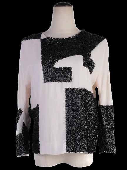 NEW By Malene Birger Long Sleeve Blouse XXS White Black Sequined Design