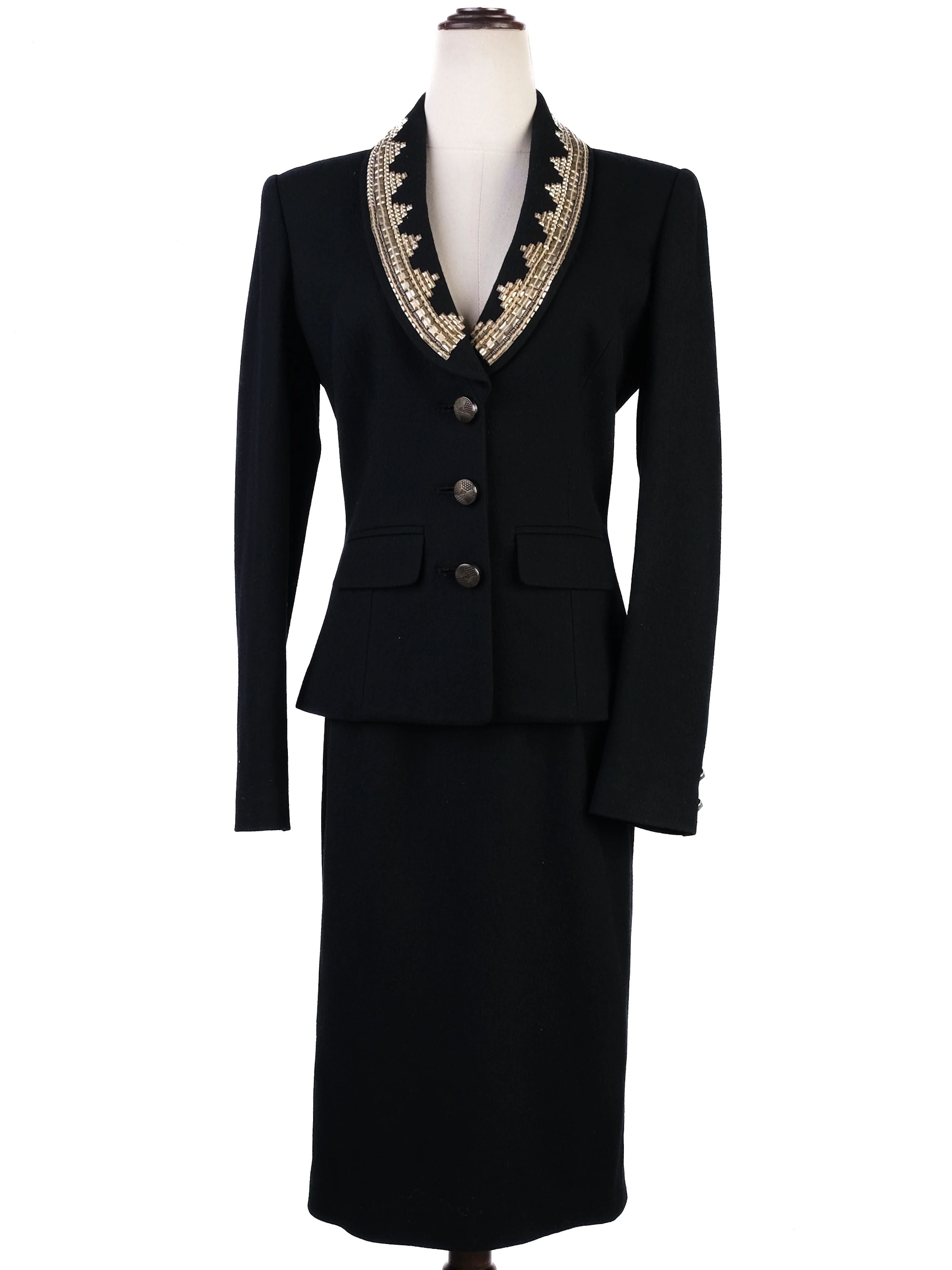 Excellent Class Roberto Cavalli Black Wool Skirt Suit with Beaded Collar